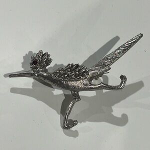 Silver Roadrunner Brooch with Red Rhinestone Eye.